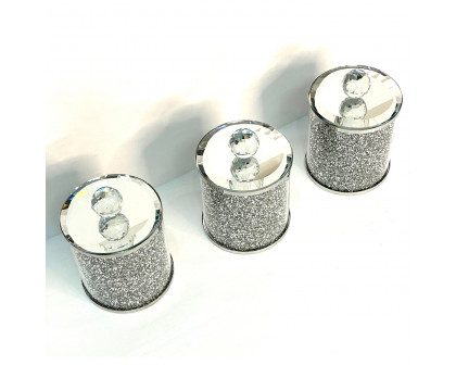 Furnings - Exquisite Three Glass Canister Set, Silver Crushed Diamond Glass in 5.5"H x 4"D