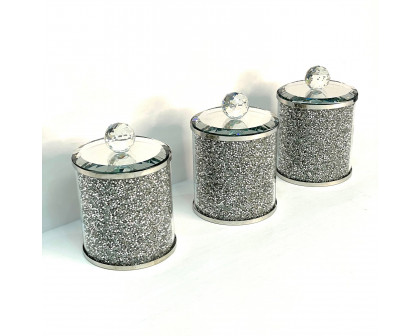 Furnings - Exquisite Three Glass Canister Set, Silver Crushed Diamond Glass in 5.5"H x 4"D