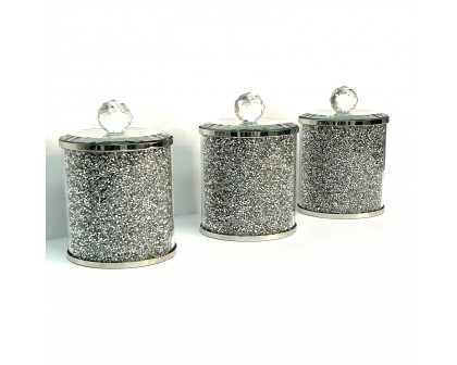 Furnings - Exquisite Three Glass Canister Set, Silver Crushed Diamond Glass in 5.5"H x 4"D