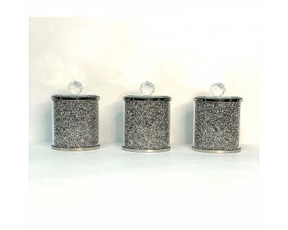 Furnings - Exquisite Three Glass Canister Set, Silver Crushed Diamond Glass in 5.5"H x 4"D