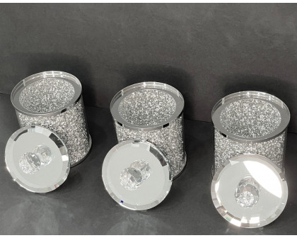 Furnings - Exquisite Three Glass Canister Set, Silver Crushed Diamond Glass in 5.5"H x 4"D