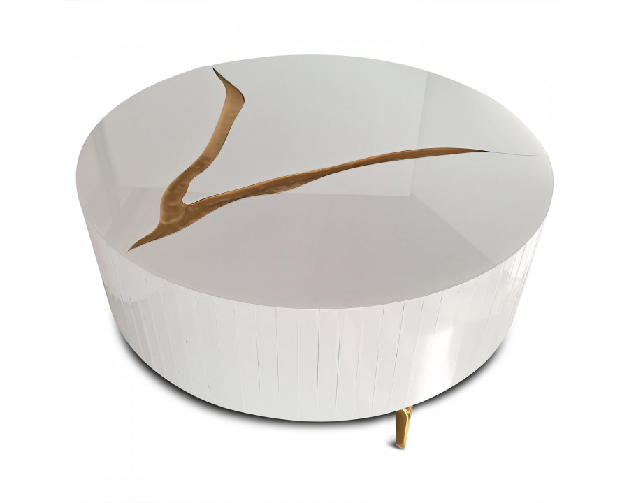 Furnings - White Modern Round Coffee Table with Gold Accent Design