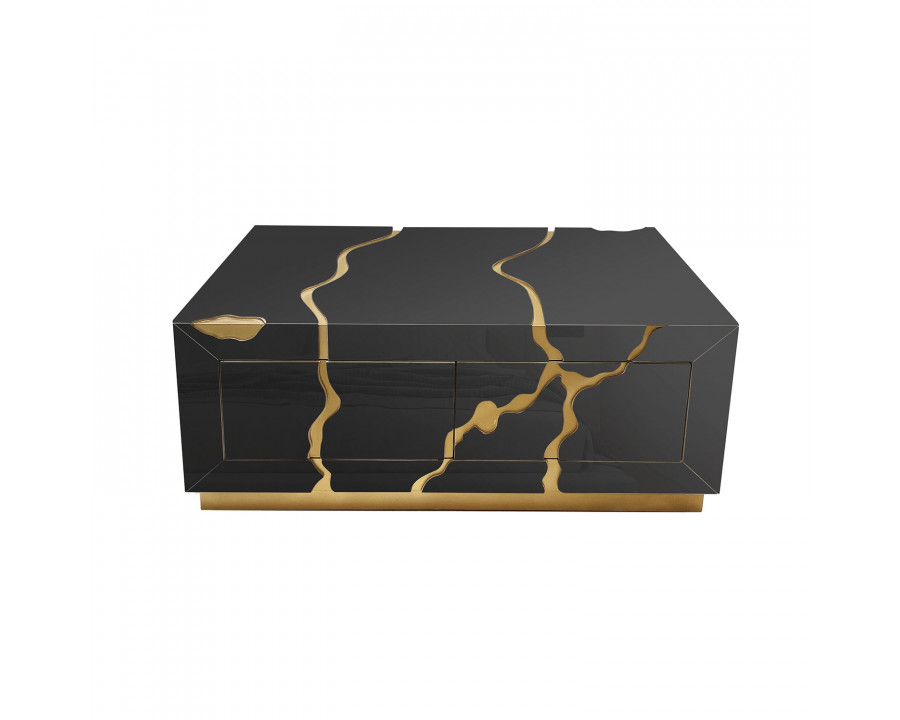 Furnings - Modern Black Coffee Table with Gold Accents and Two Drawers in A Unique and Stylish Centerpiece for Your Living Room