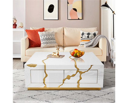 Furnings™ - Modern White Coffee Table with Gold Accents and Two Drawers - A Unique and Stylish Centerpiece for Your Living Room