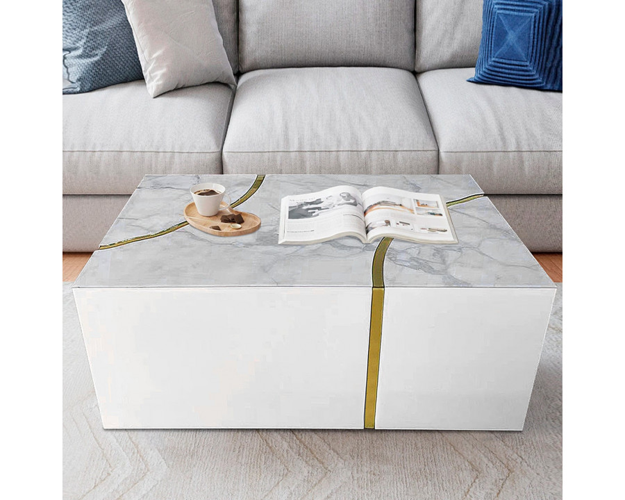 Furnings - Modern Rectangular Coffee Table in Shiny White Design with Gold Accent