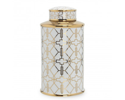 Furnings - Elegant White Ceramic Ginger Jar with Gold Geometrical Design and Removable Lid