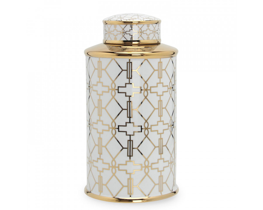 Furnings Elegant White Ceramic Ginger Jar with Gold Geometrical Design and Removable Lid - Large