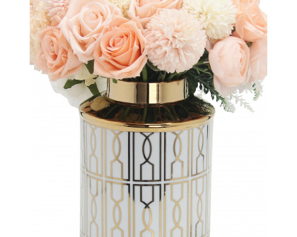 Furnings Elegant White Ceramic Ginger Jar with Gold Geometrical Design and Removable Lid - Large