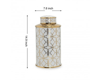 Furnings Elegant White Ceramic Ginger Jar with Gold Geometrical Design and Removable Lid - Large