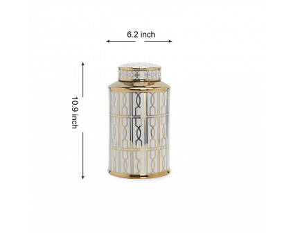 Furnings Elegant White Ceramic Ginger Jar with Gold Geometrical Design and Removable Lid - Large