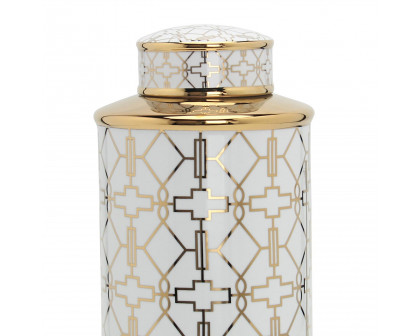 Furnings Elegant White Ceramic Ginger Jar with Gold Geometrical Design and Removable Lid - Large