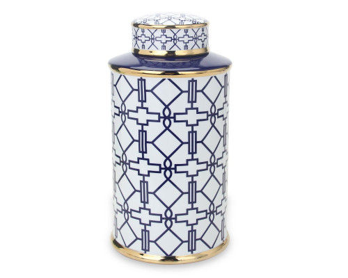 Furnings - Elegant White Ceramic Ginger Jar with Blue Geometrical Design and Removable Lid