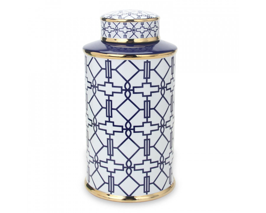 Furnings - Elegant White Ceramic Ginger Jar with Blue Geometrical Design and Removable Lid