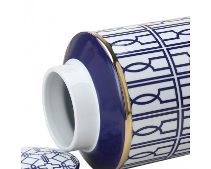 Furnings - Elegant White Ceramic Ginger Jar with Blue Geometrical Design and Removable Lid