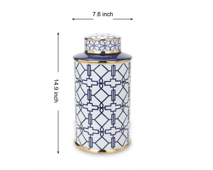 Furnings Elegant White Ceramic Ginger Jar with Blue Geometrical Design and Removable Lid - Large