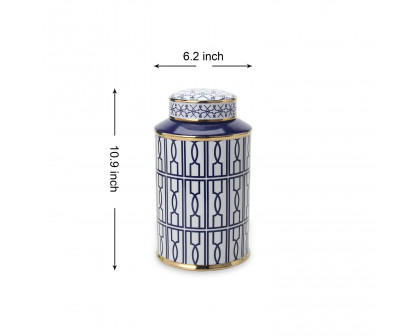 Furnings Elegant White Ceramic Ginger Jar with Blue Geometrical Design and Removable Lid - Large