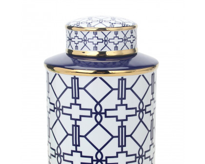 Furnings Elegant White Ceramic Ginger Jar with Blue Geometrical Design and Removable Lid - Large