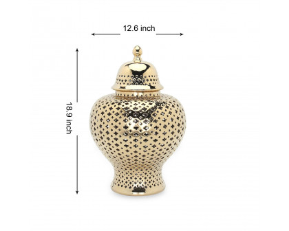 Furnings Stylish Gold Ceramic Ginger Jar with Decorative Design - Large