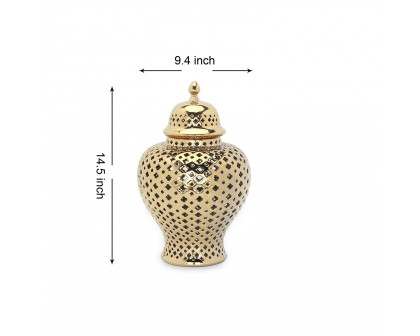 Furnings Stylish Gold Ceramic Ginger Jar with Decorative Design - Large