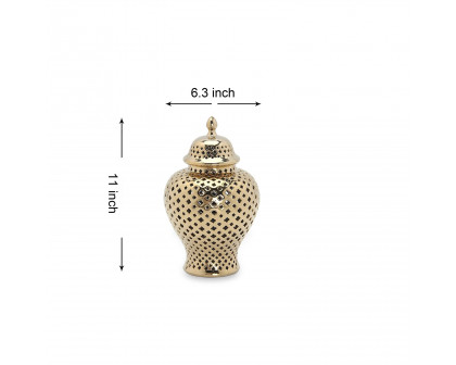 Furnings Stylish Gold Ceramic Ginger Jar with Decorative Design - Medium