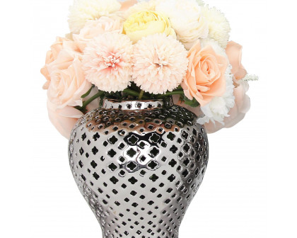 Furnings Stylish Silver Ceramic Ginger Jar with Decorative Design - Large