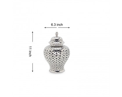 Furnings Stylish Silver Ceramic Ginger Jar with Decorative Design - Large