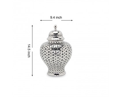 Furnings Stylish Silver Ceramic Ginger Jar with Decorative Design - Small