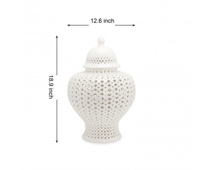 Furnings Stylish White Ceramic Ginger Jar with Decorative Design - Large