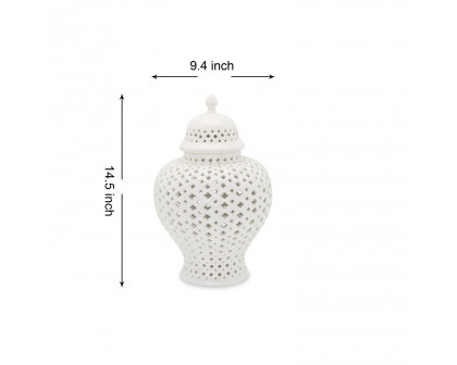 Furnings Stylish White Ceramic Ginger Jar with Decorative Design - Large