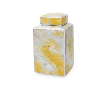 Furnings - Square Ceramic Jar with Gold and Gray Marble Design