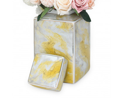 Furnings Square Ceramic Jar with Gold and Gray Marble Design - Large