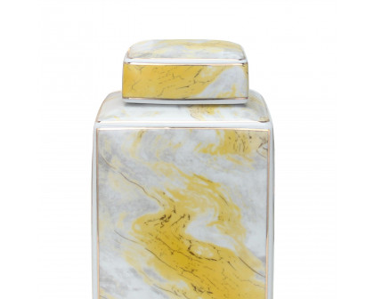 Furnings Square Ceramic Jar with Gold and Gray Marble Design - Large