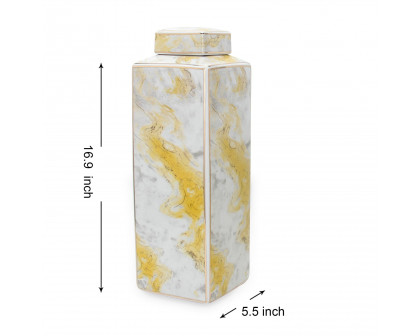 Furnings Square Ceramic Jar with Gold and Gray Marble Design - Large