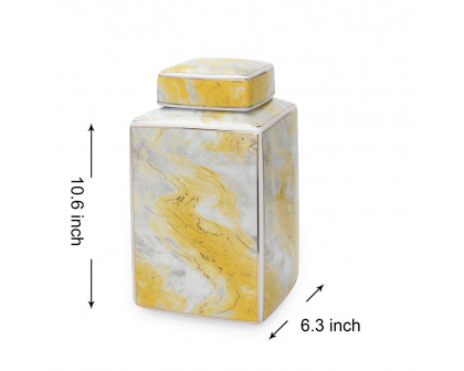 Furnings Square Ceramic Jar with Gold and Gray Marble Design - Large