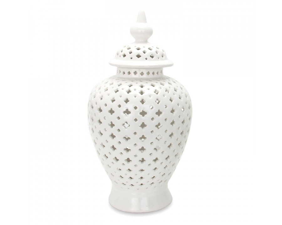 Furnings - White Ceramic Ginger Jar Vase with Decorative Design and Removable Lid