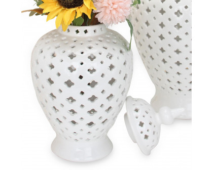 Furnings White Ceramic Ginger Jar Vase with Decorative Design and Removable Lid - Large