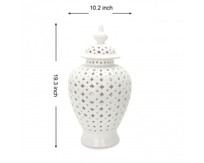 Furnings White Ceramic Ginger Jar Vase with Decorative Design and Removable Lid - Large