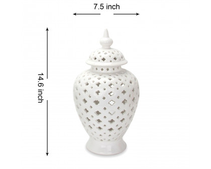 Furnings White Ceramic Ginger Jar Vase with Decorative Design and Removable Lid - Large