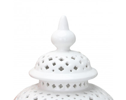 Furnings White Ceramic Ginger Jar Vase with Decorative Design and Removable Lid - Large