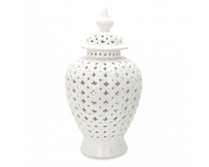 Furnings - White Ceramic Ginger Jar Vase with Decorative Design and Removable Lid