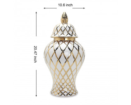 Furnings White and Gold Ceramic Decorative Ginger Jar - Large