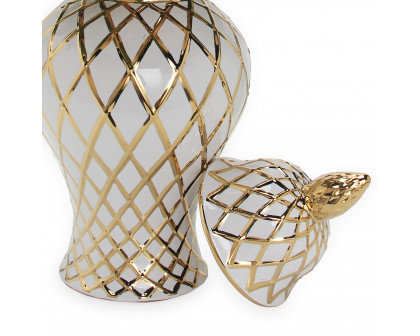 Furnings - White and Gold Ceramic Decorative Ginger Jar