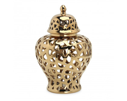 Furnings - Gold Ceramic Ginger Jar Vase with Decorative Design and Removable Lid