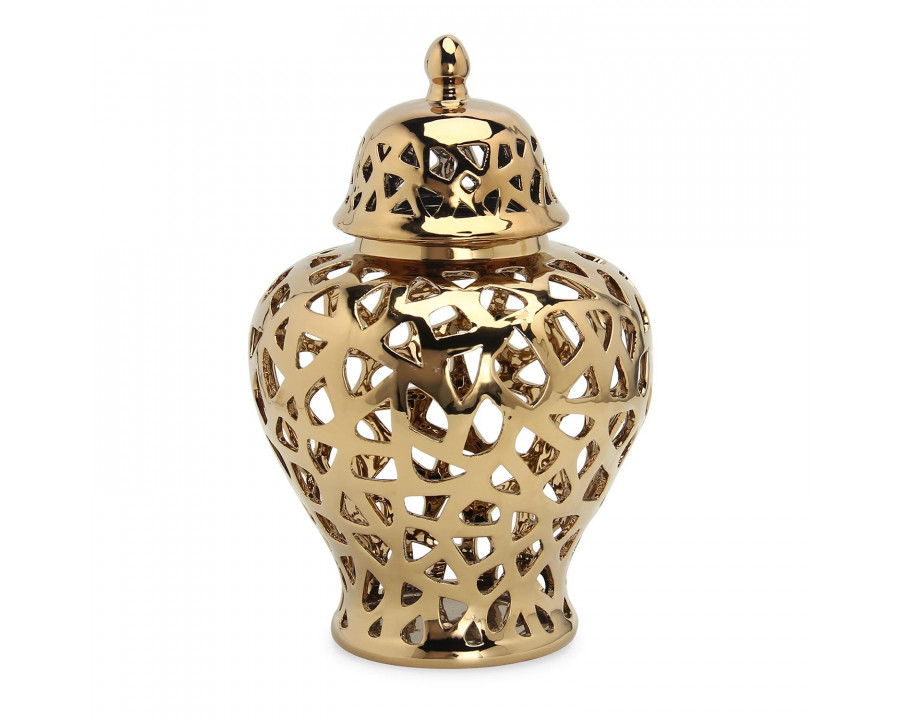 Furnings Gold Ceramic Ginger Jar Vase with Decorative Design and Removable Lid - Large