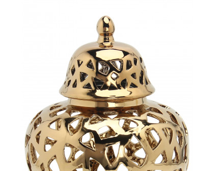 Furnings Gold Ceramic Ginger Jar Vase with Decorative Design and Removable Lid - Large