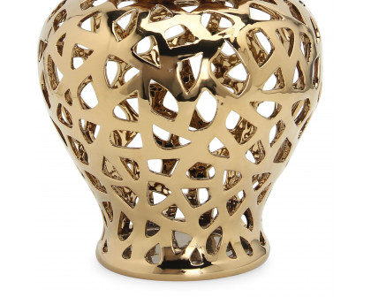 Furnings Gold Ceramic Ginger Jar Vase with Decorative Design and Removable Lid - Large