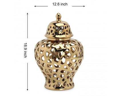 Furnings Gold Ceramic Ginger Jar Vase with Decorative Design and Removable Lid - Large