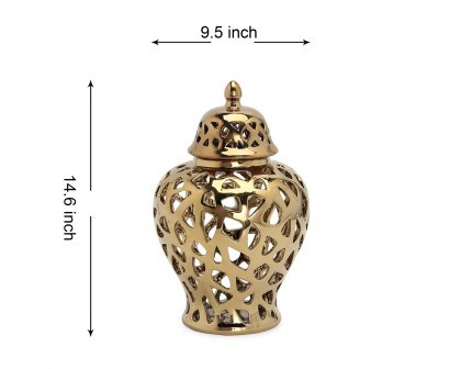 Furnings Gold Ceramic Ginger Jar Vase with Decorative Design and Removable Lid - Large