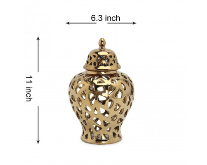 Furnings Gold Ceramic Ginger Jar Vase with Decorative Design and Removable Lid - Large