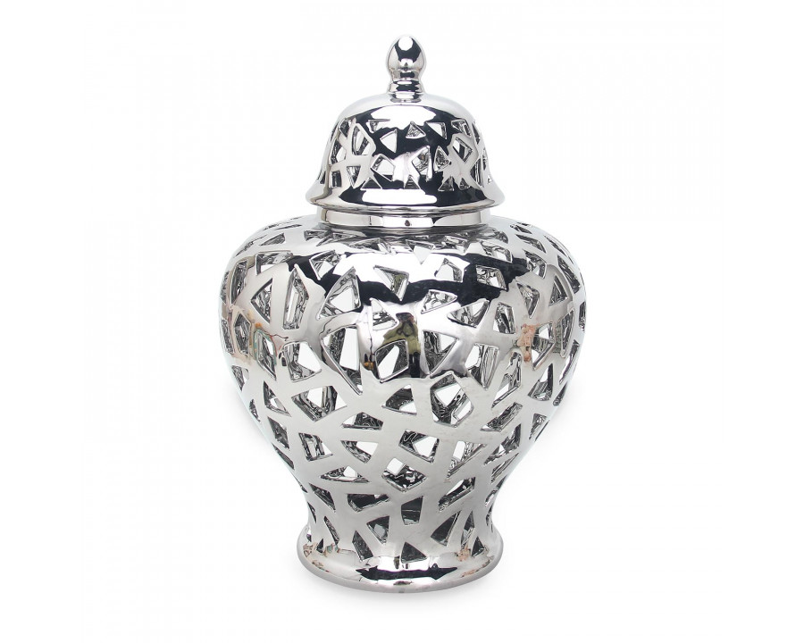 Furnings - Silver Ceramic Ginger Jar Vase with Decorative Design and Removable Lid